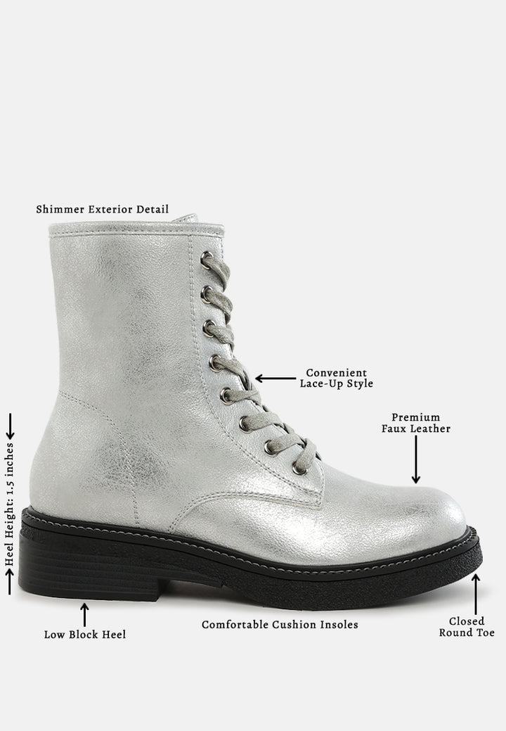 women faux leather lace up boots#color_silver