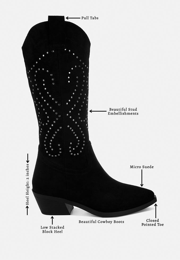 women studs embellished cowboy boots#color_black