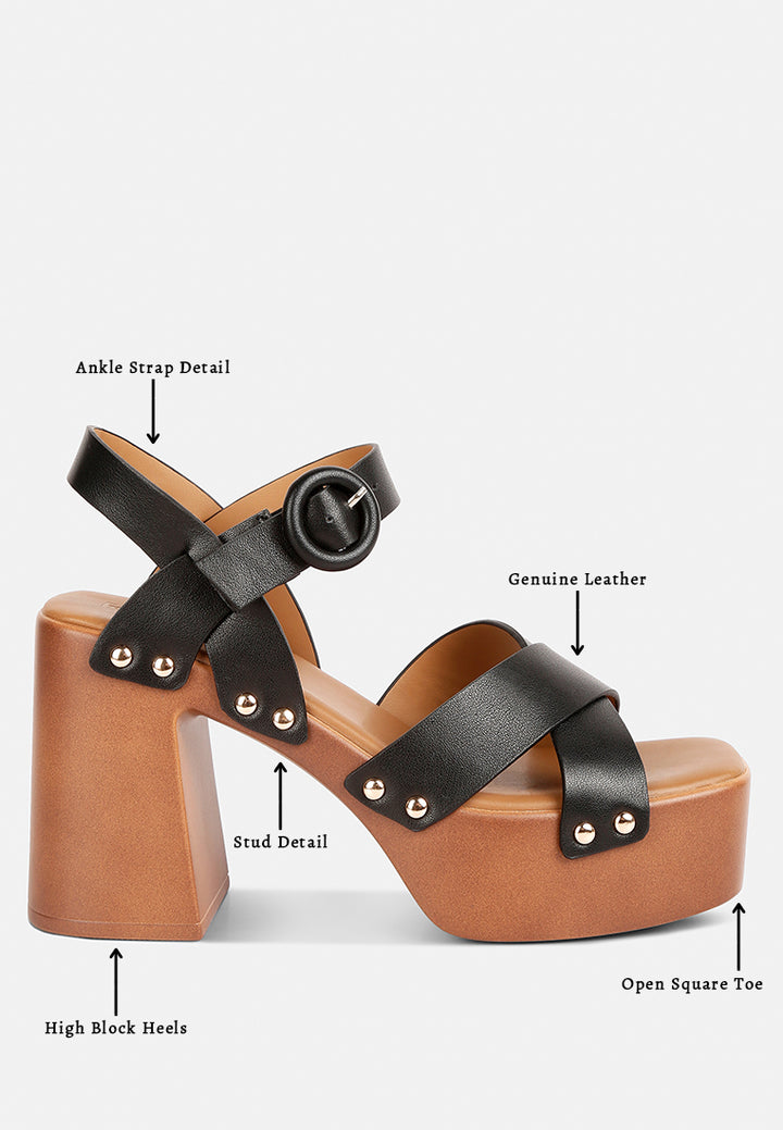 women cross strap stud embellished heels#color_black