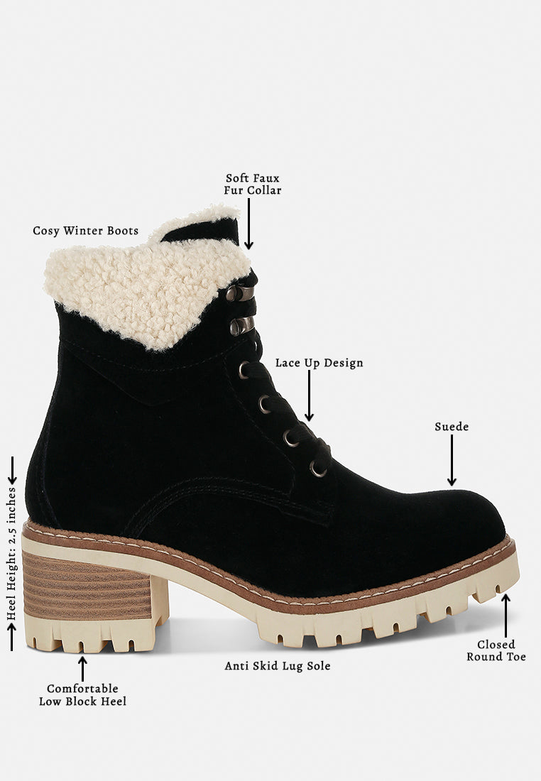 women fur collar chunky ankle boots#color_black