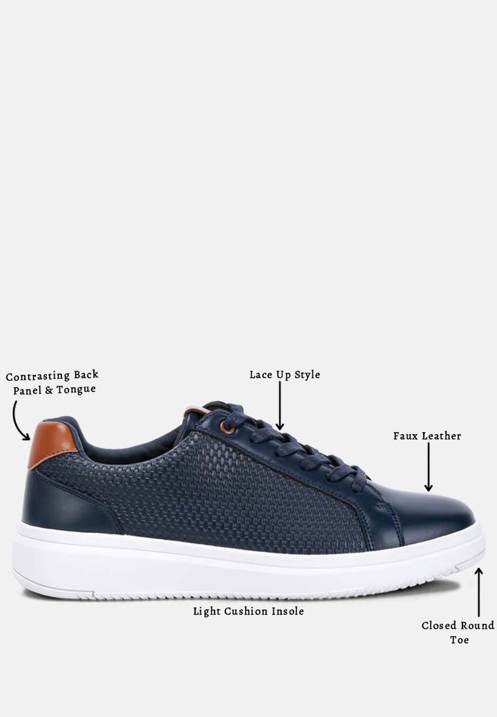 men faux leather embossed lace-up sneakers#color_navy
