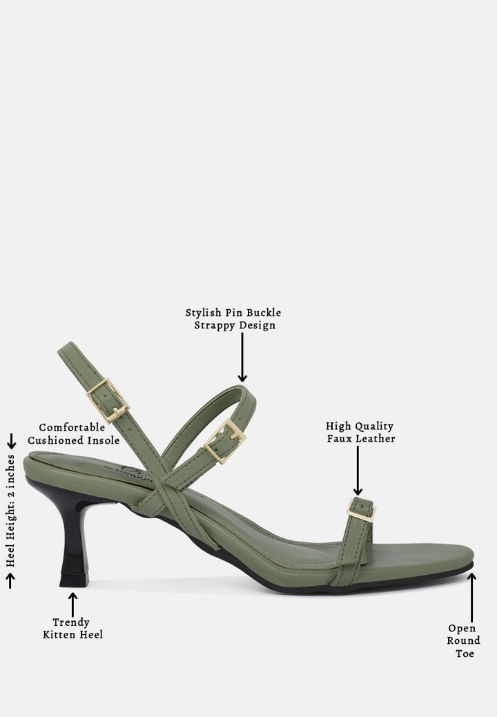 women strappy faux leather kitten heels#color_olive-green
