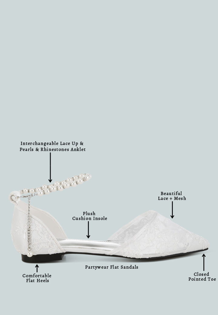 women pearl & rhinestone strap flat sandals#color_white