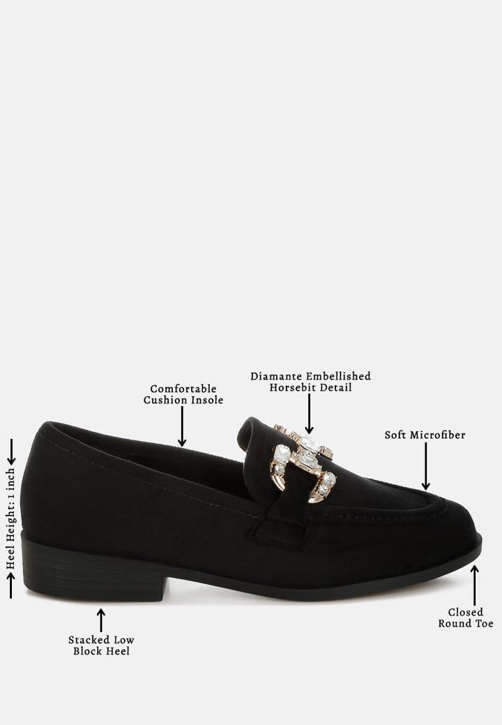 women diamante embellished horsebit loafers#color_black