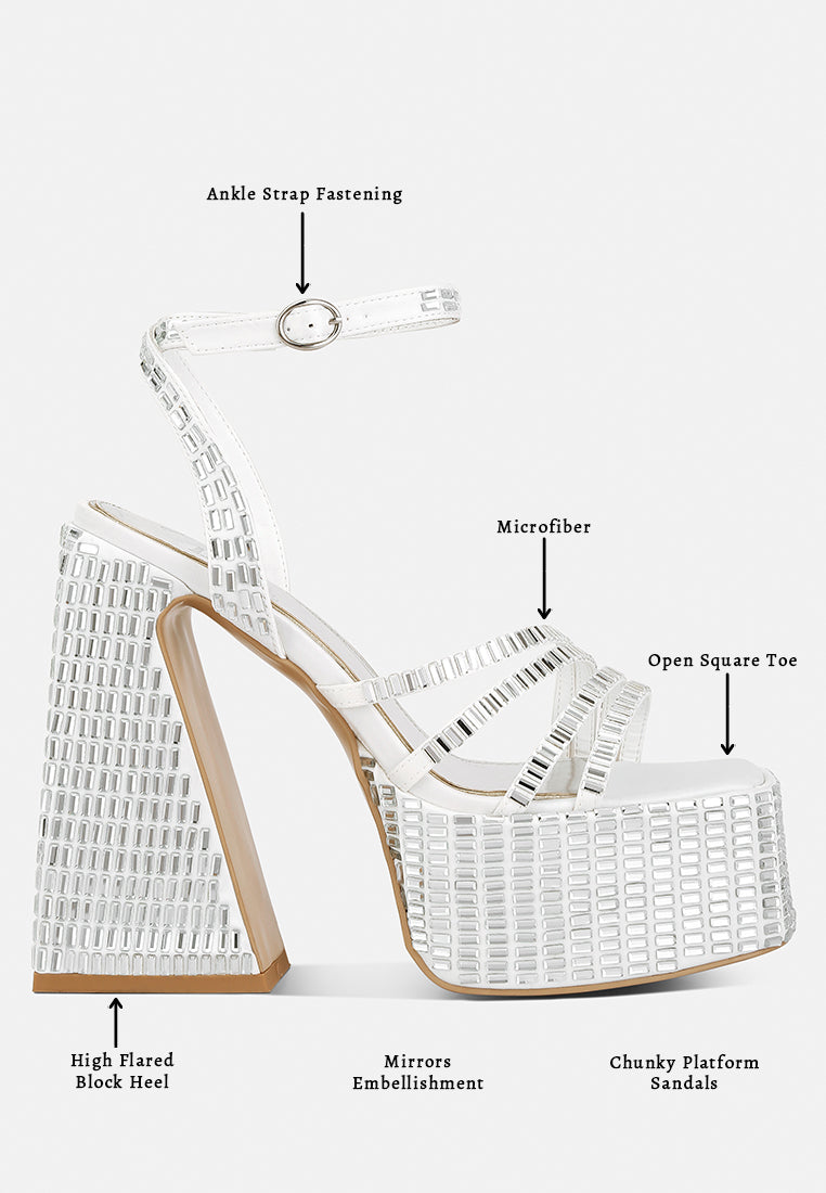 mirror embellished flare block heel sandals#color_white