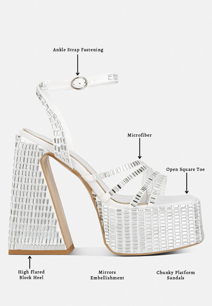 mirror embellished flare block heel sandals#color_white