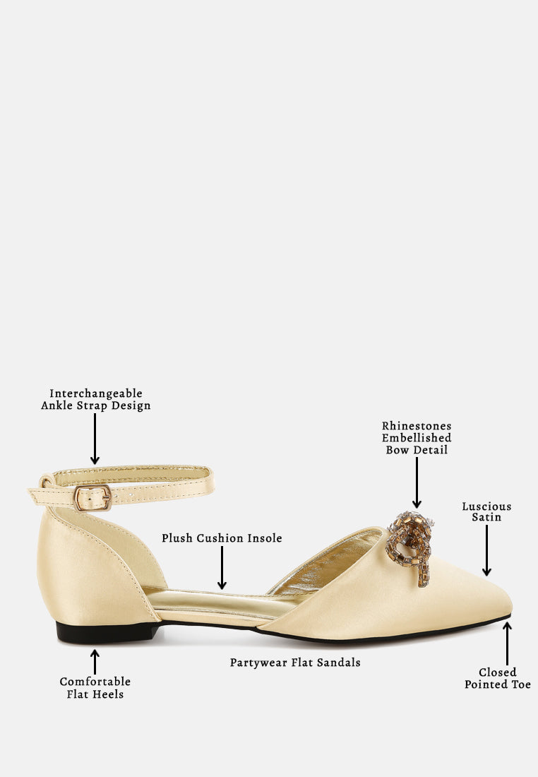 women rhinestone detail bow flat sandals#color_gold