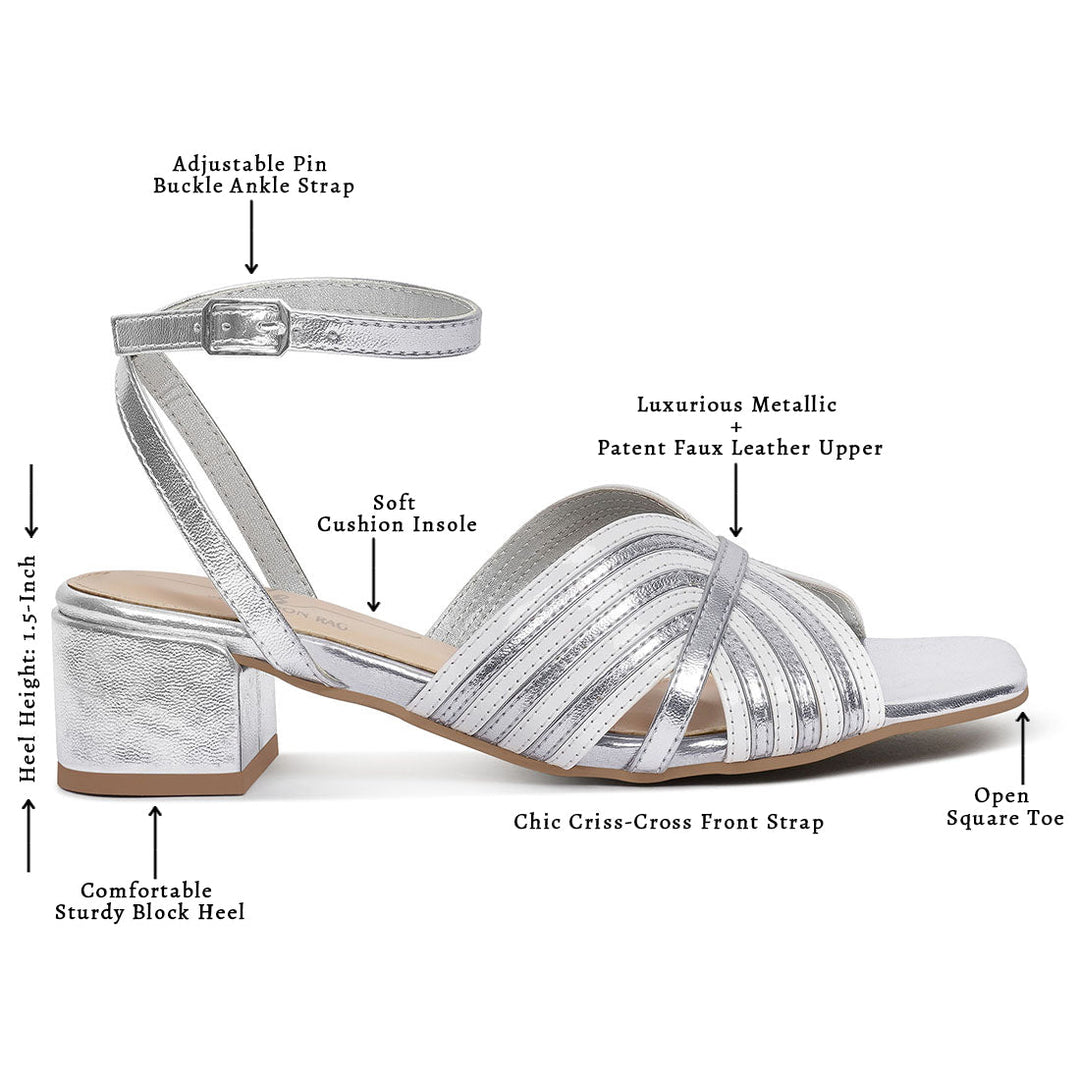 women square toe criss-cross ankle strap sandals#color_silver