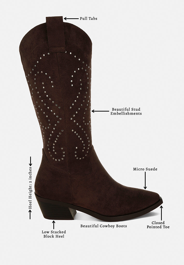 women studs embellished cowboy boots#color_brown
