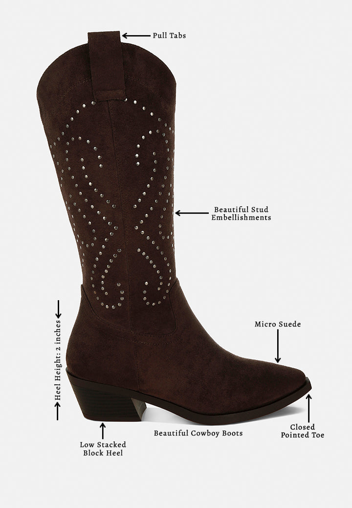 women studs embellished cowboy boots#color_brown