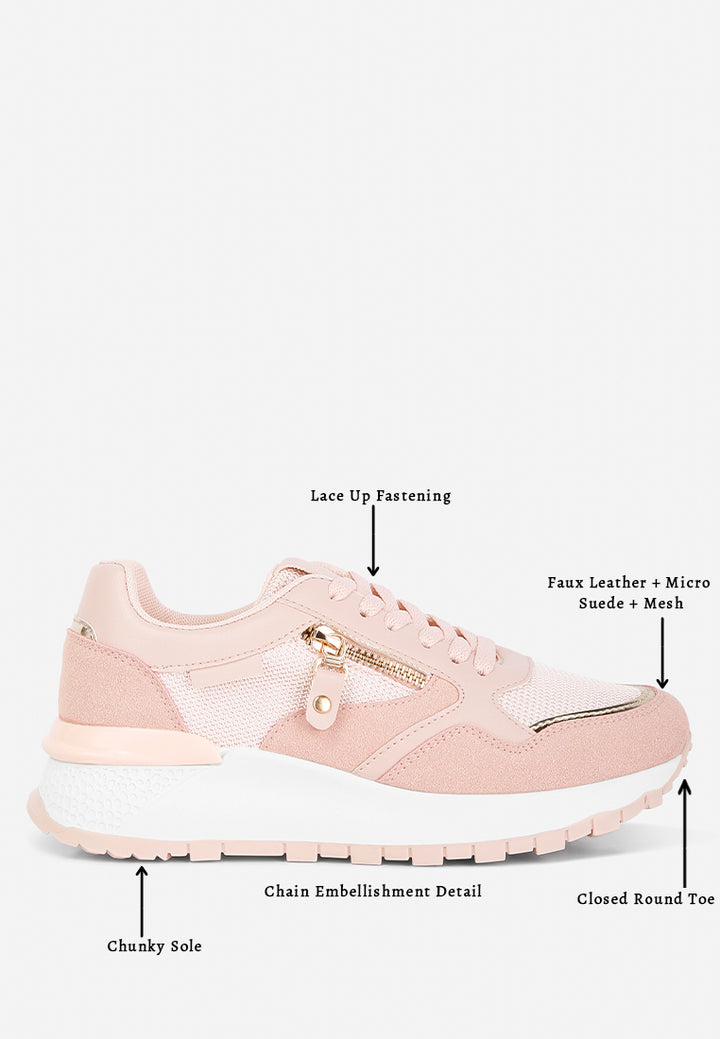 chain detailing lace up sneakers#color_pink