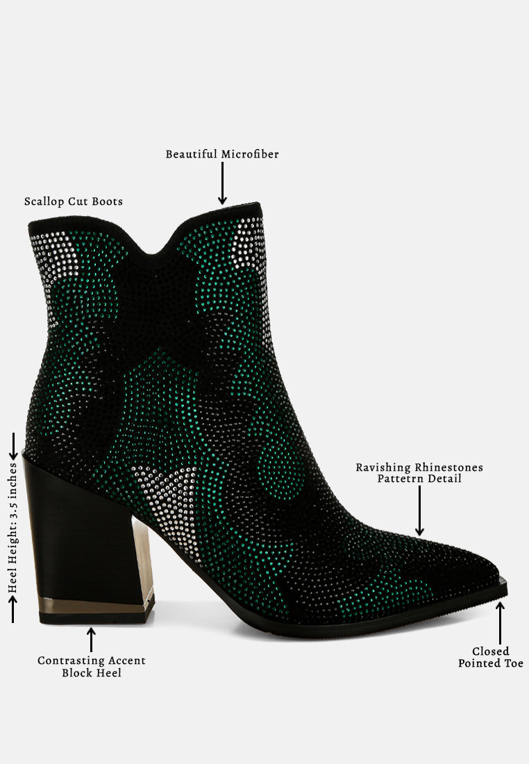 women rhinestones embellished block heel boots#color_green