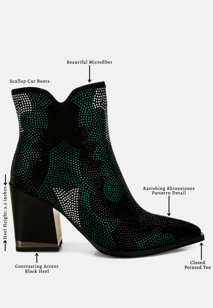 women rhinestones embellished block heel boots#color_green