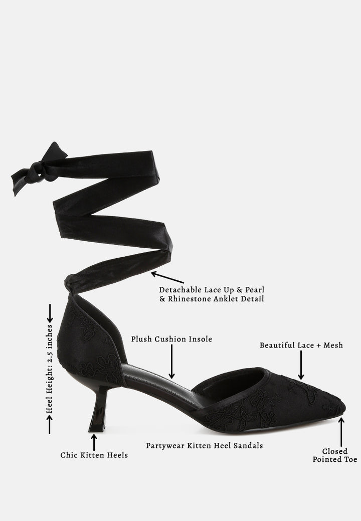 women lace kitten heel sandals#color_black