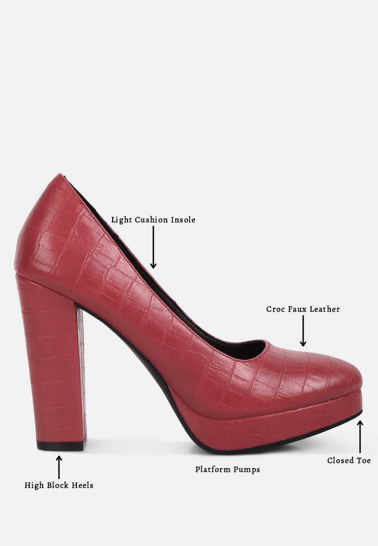 women croc texture high block heel pumps#color_red
