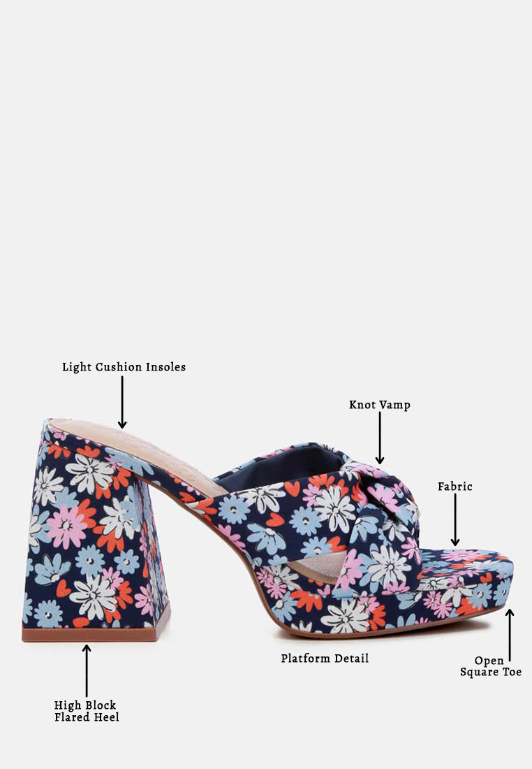 floral triangular block heel sandals#color_navy