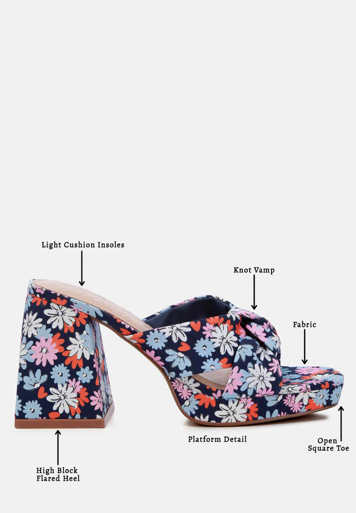 floral triangular block heel sandals#color_navy