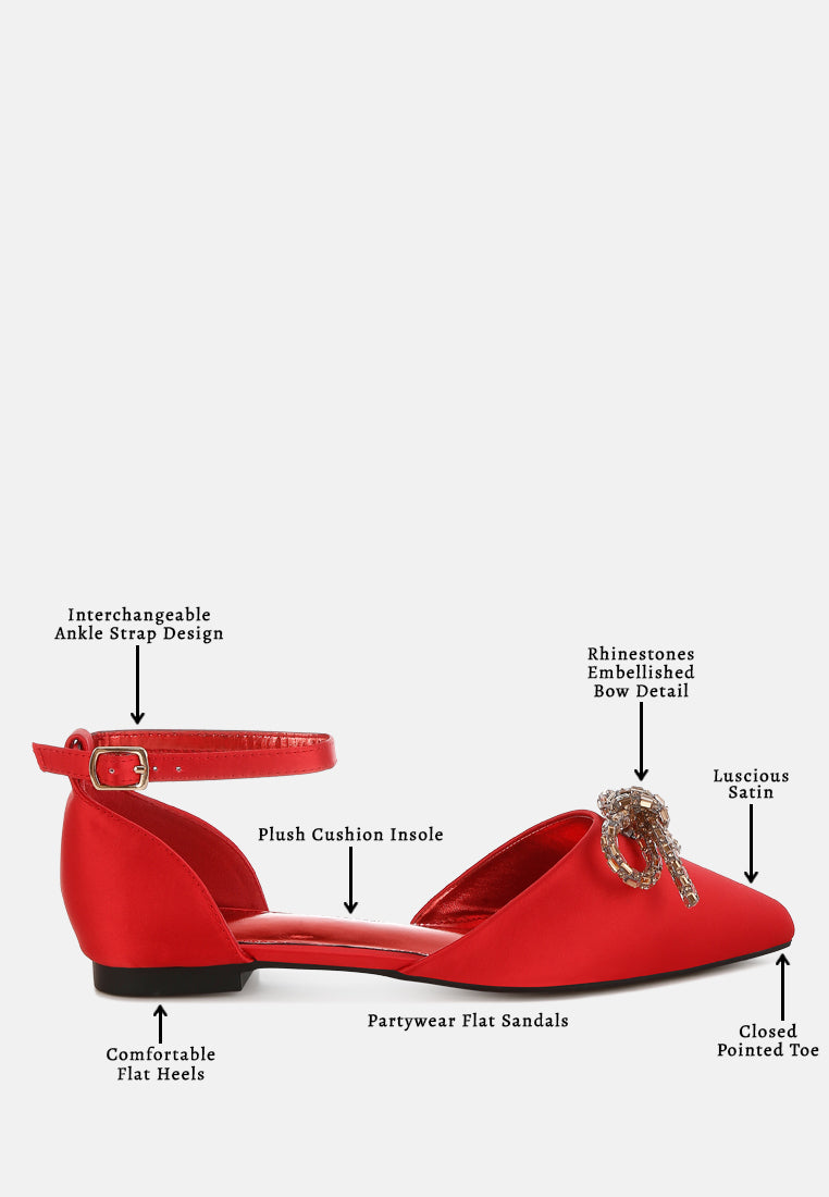 women rhinestone detail bow flat sandals#color_red
