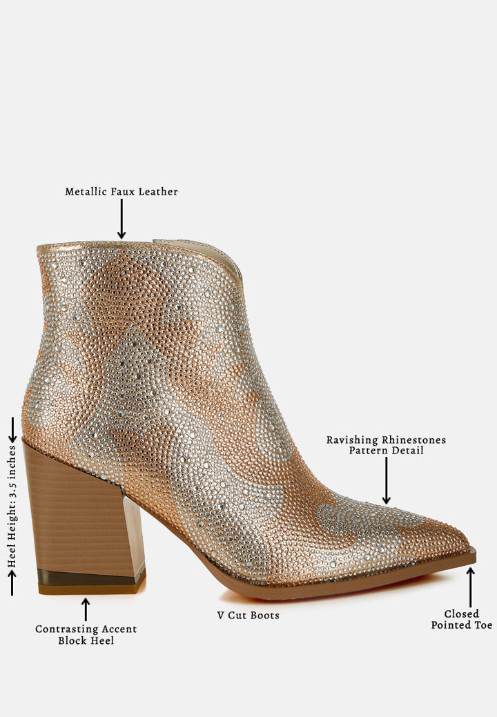 women rhinestones embellished ankle boots#color_gold