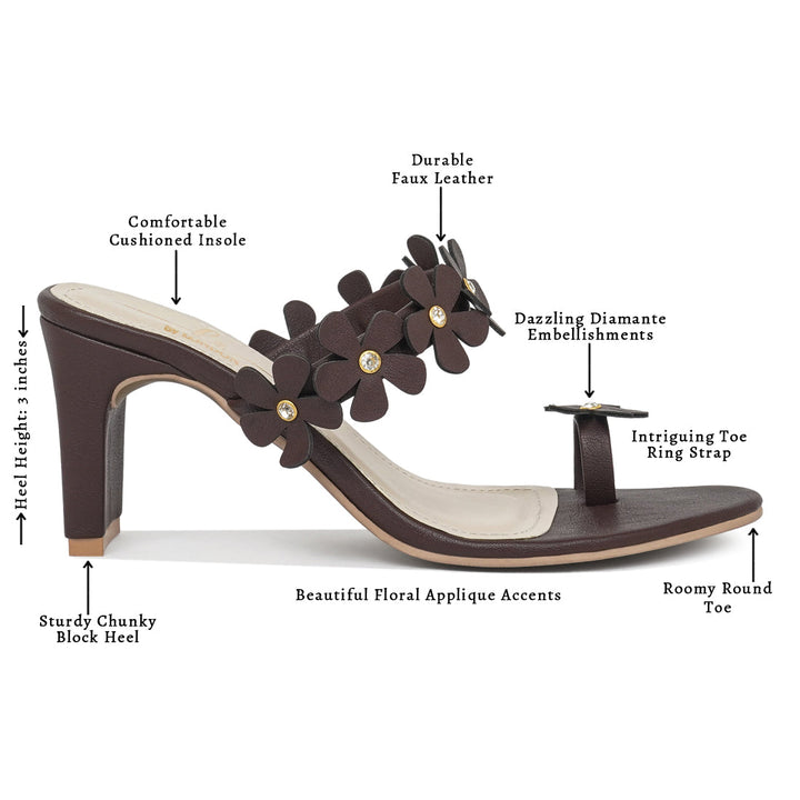 women floral applique slip-on block heels#color_coffee