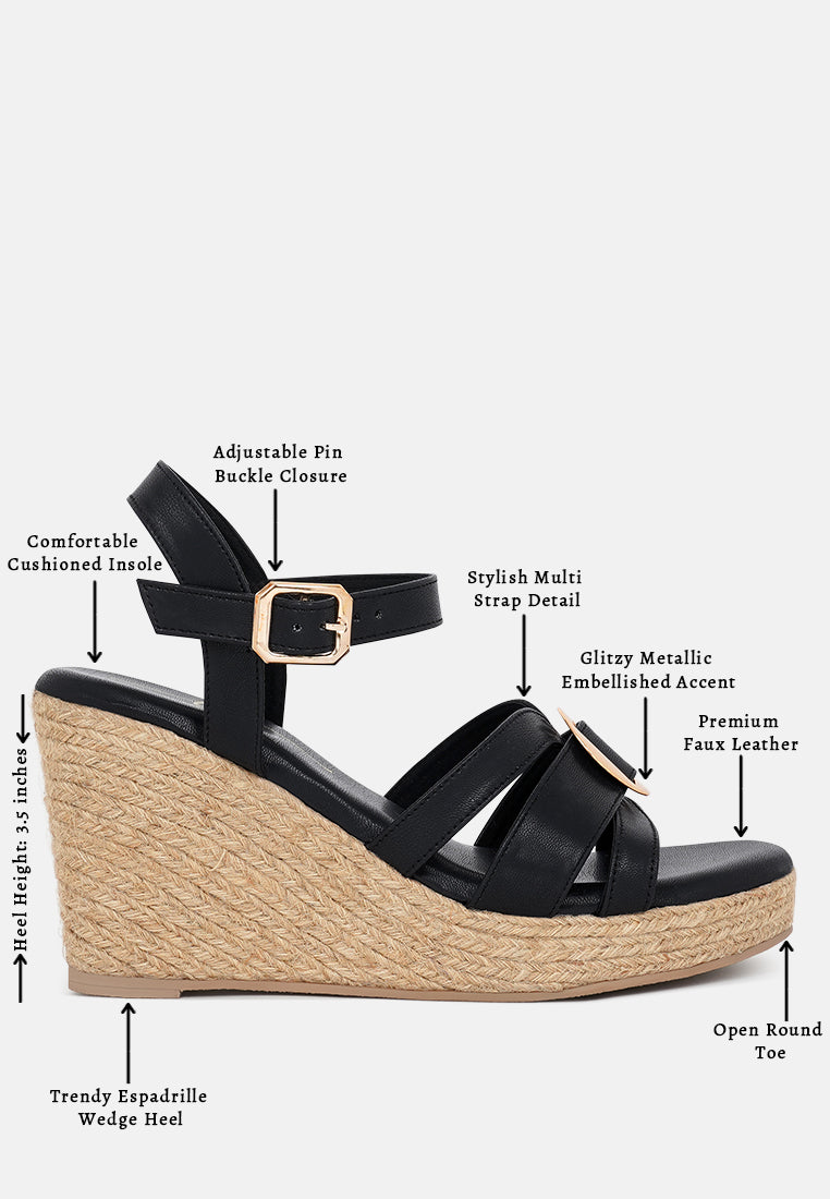 women comfortable pin buckle espadrille wedges#color_black