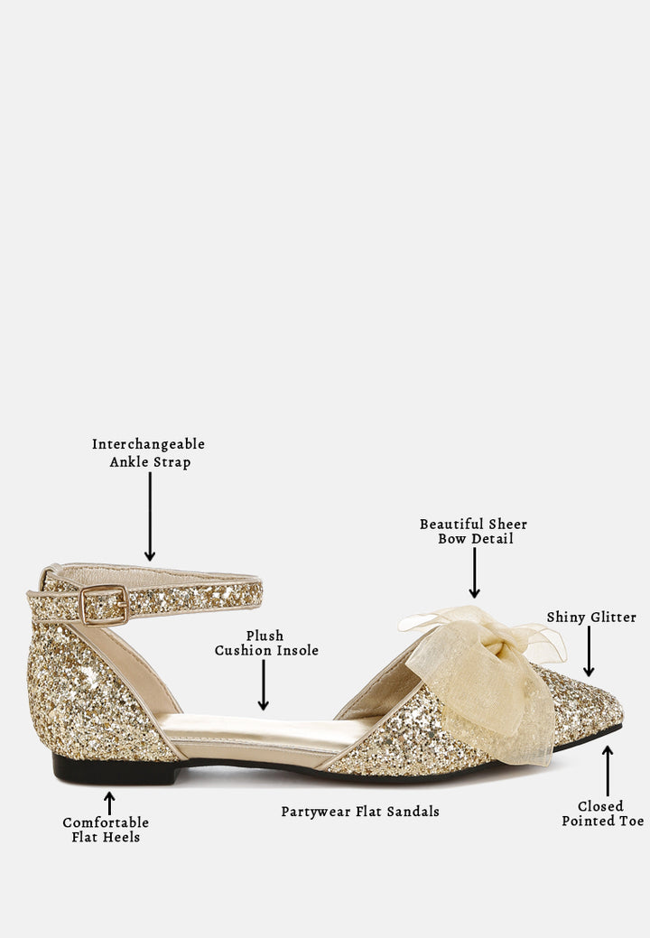 women sheer bow detail glitter flat sandals#color_gold