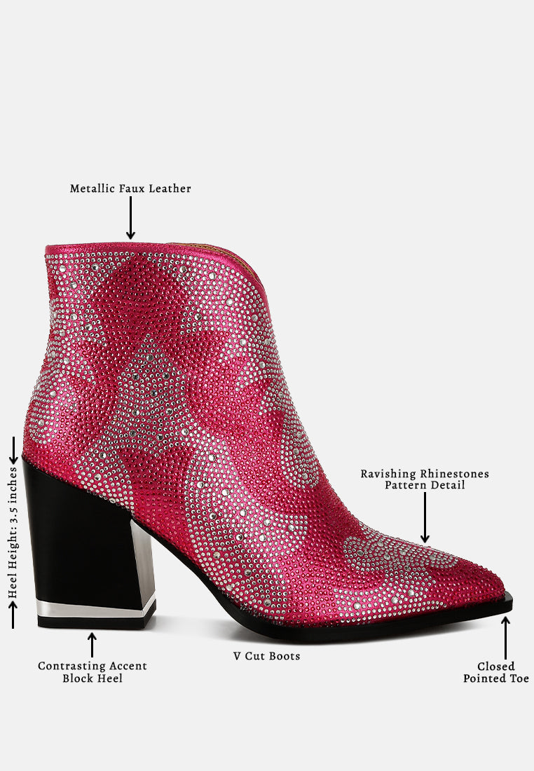 women rhinestones embellished ankle boots#color_fuchsia