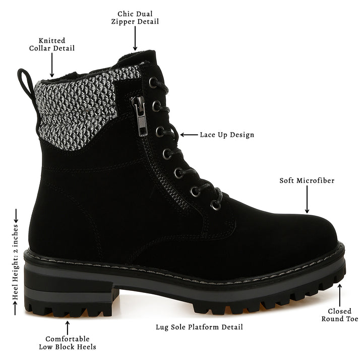 women knitted collar zip-up hiker boots#color_black