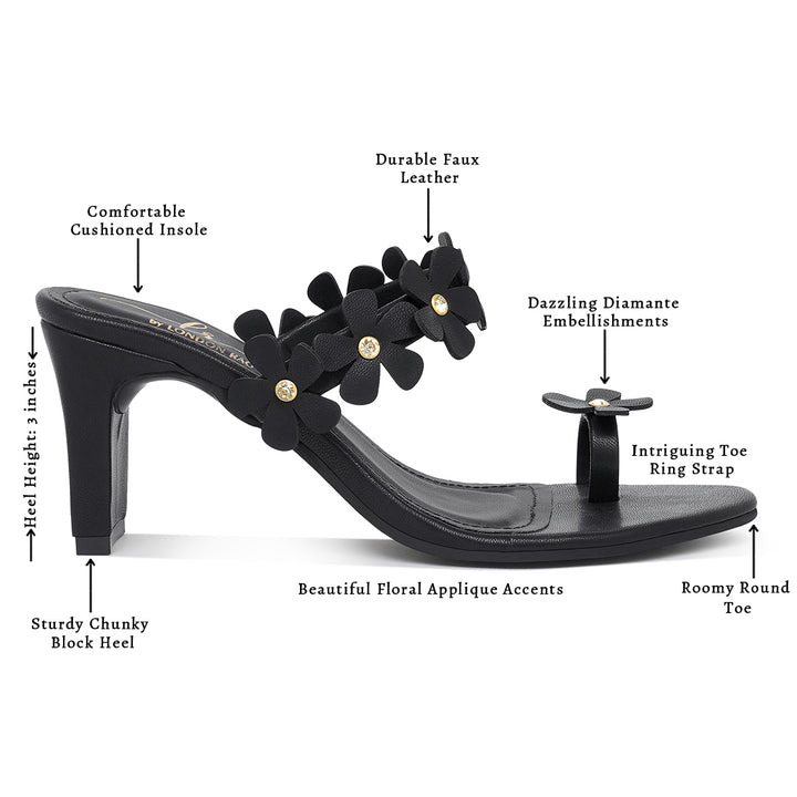 women floral applique slip-on block heels#color_black