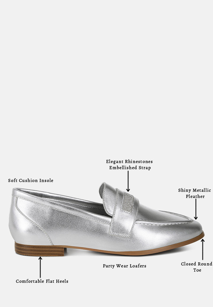 Women Rhinestone Strap Metallic Loafers