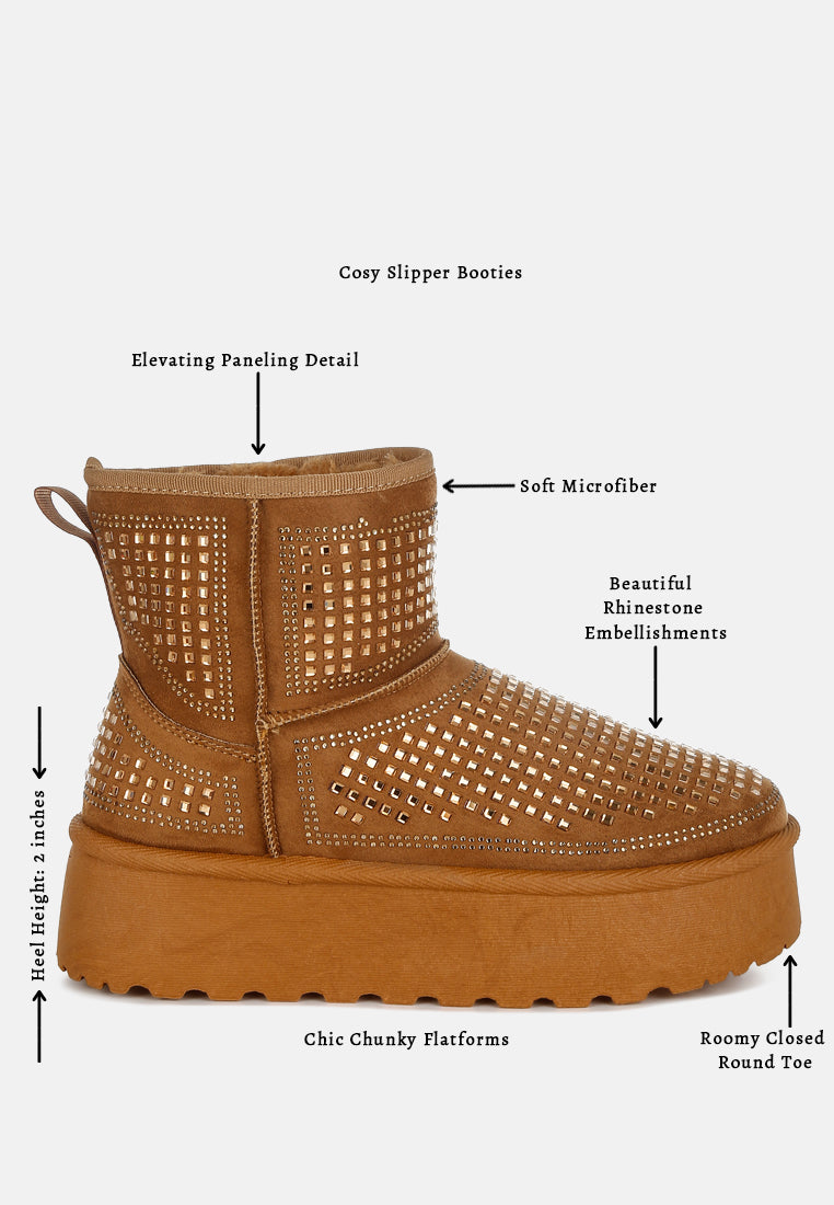 women chunky rhinestones ankle boots#color_tan