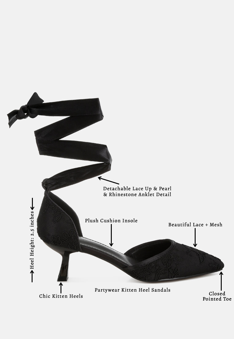 women lace kitten heel sandals#color_black