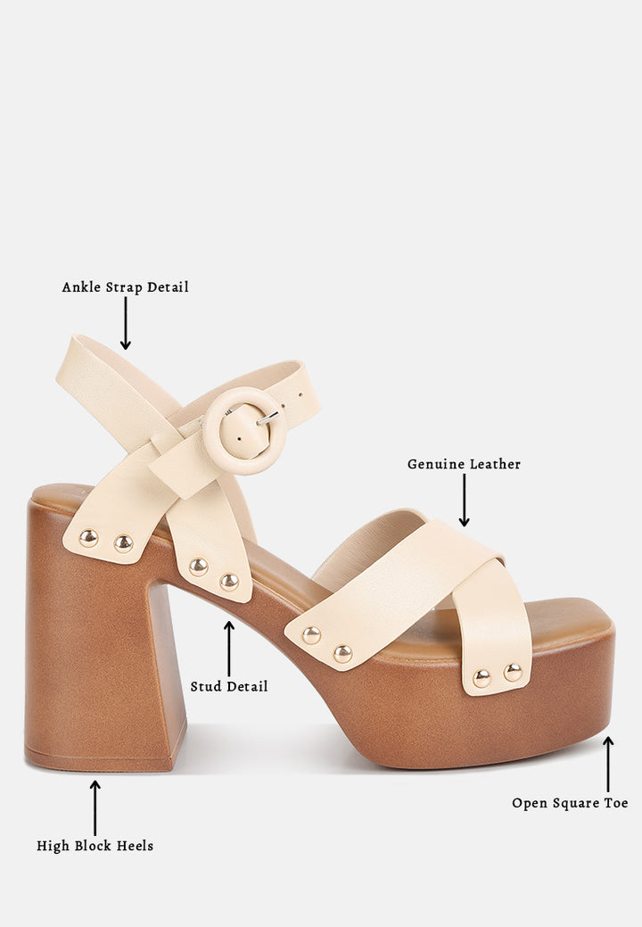 women cross strap stud embellished heels#color_beige