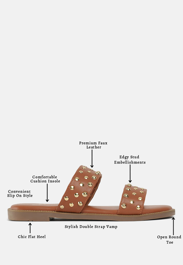 women studded faux leather slip ons#color_tan