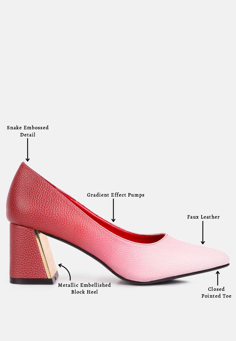 women metallic accent block heel pumps#color_red