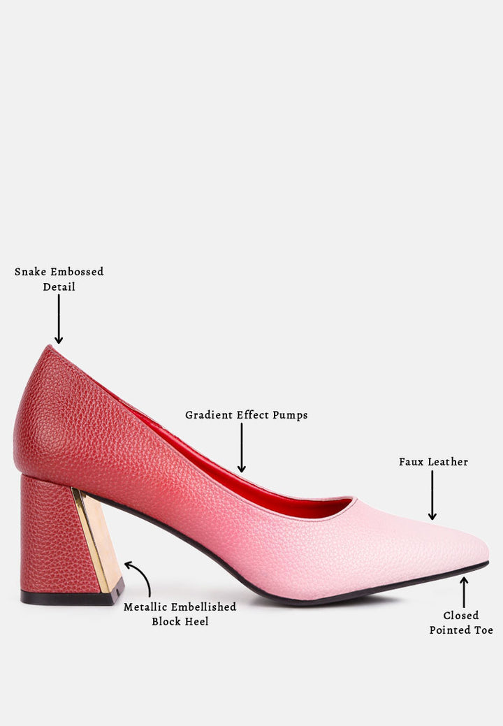 women metallic accent block heel pumps#color_red