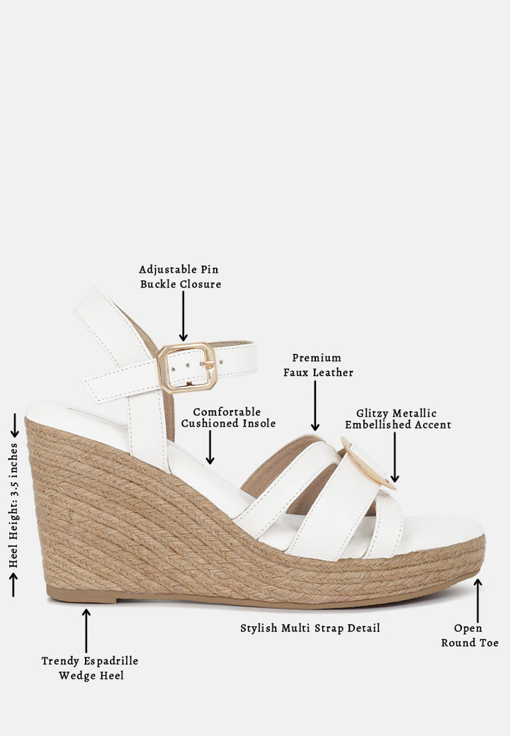 women comfortable pin buckle espadrille wedges#color_white