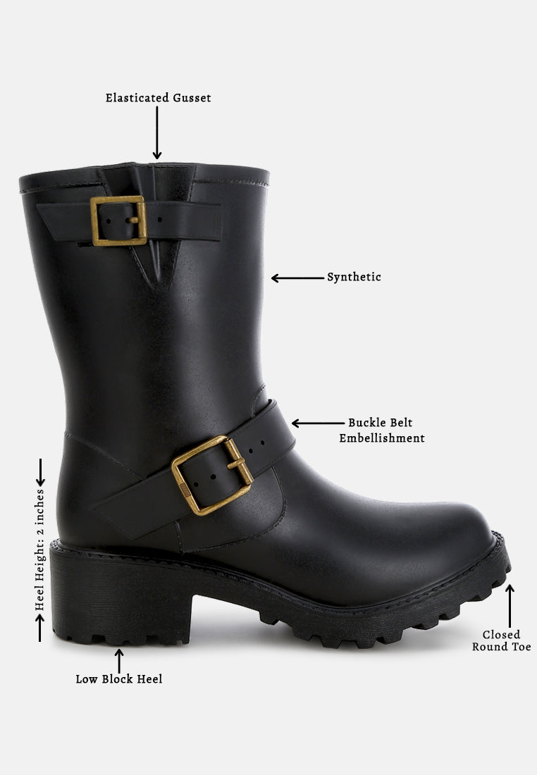 women harness detail calf rain boots#color_black