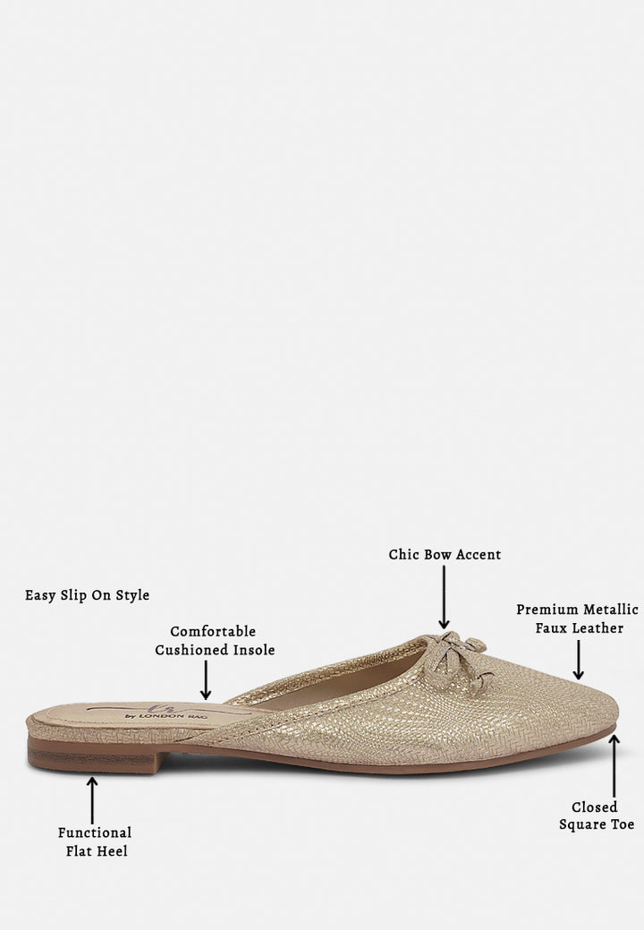 women bow detail metallic mules#color_gold