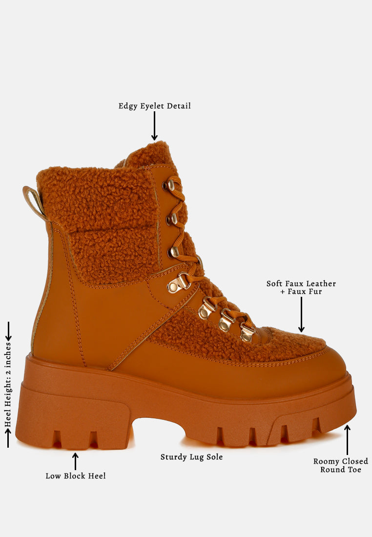 women faux fur detail chunky hiker boots#color_tan