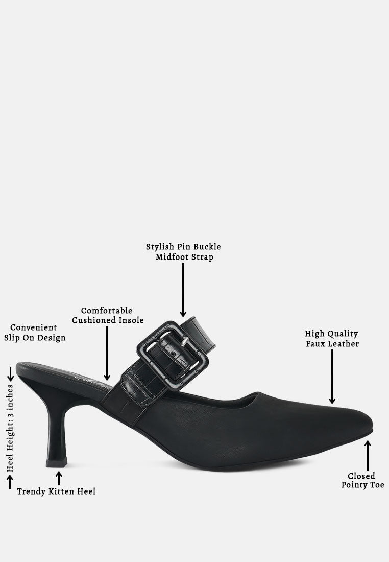 women croco buckle strap detail mules#color_black