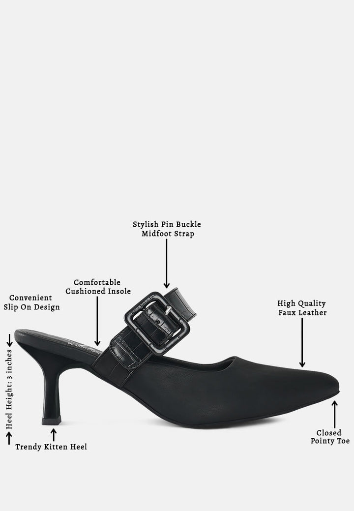 women croco buckle strap detail mules#color_black
