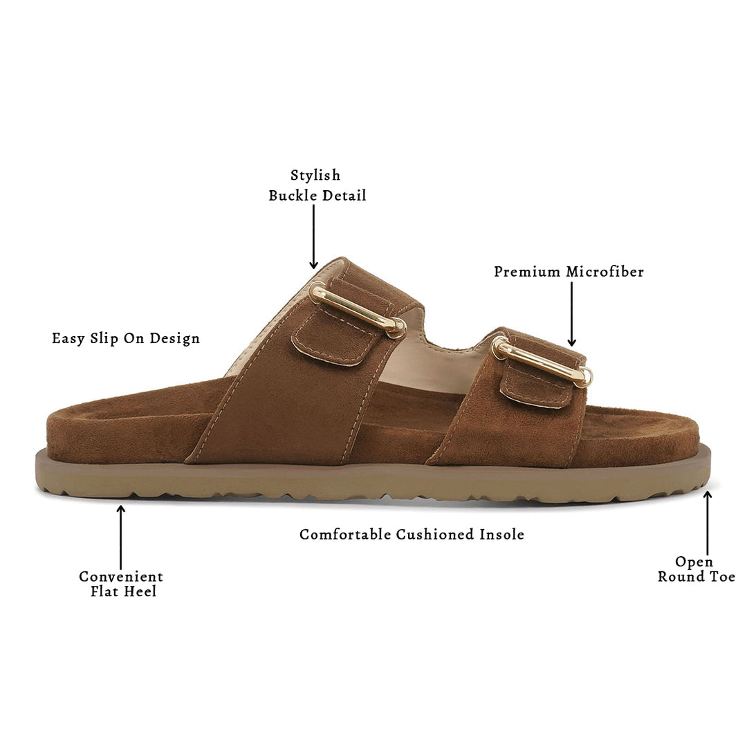 women microfiber buckle detail sandals#color_tan