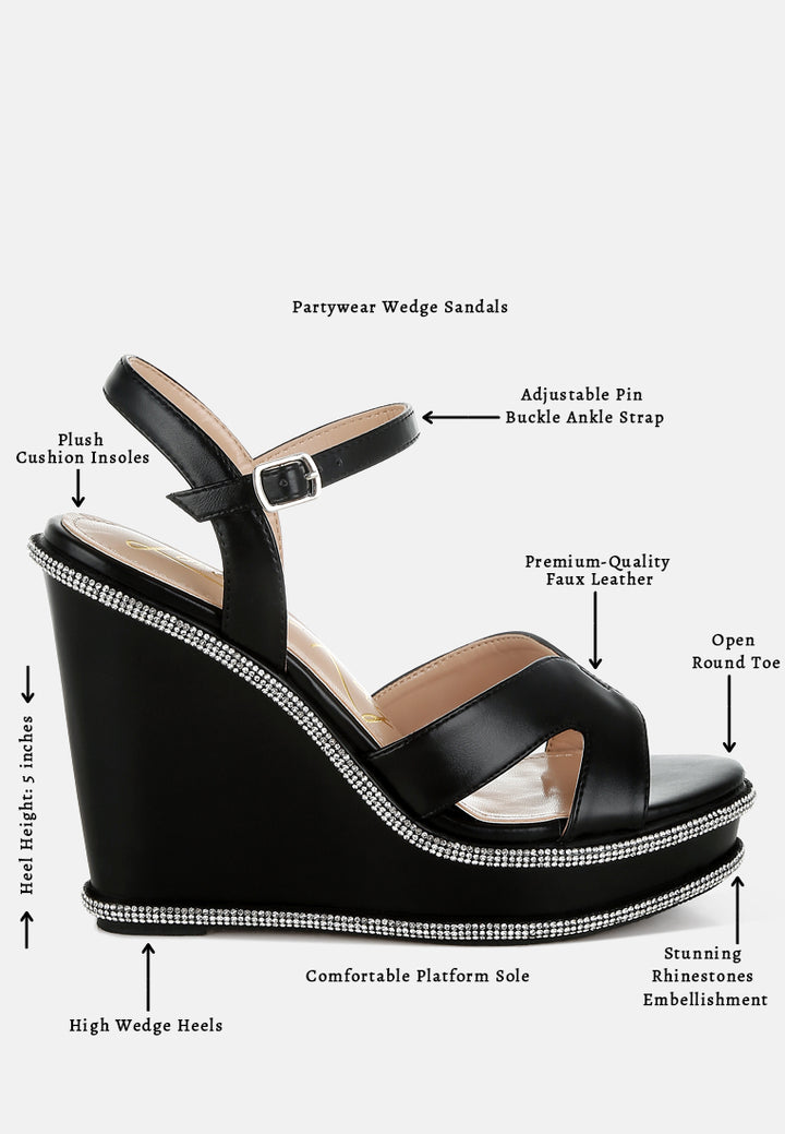 women rhinestones embellished wedge sandals#color_black