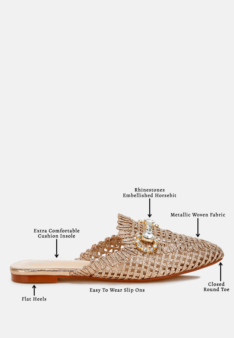 women metallic woven diamante mules#color_rose-gold