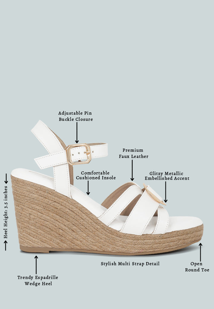women comfortable pin buckle espadrille wedges#color_white