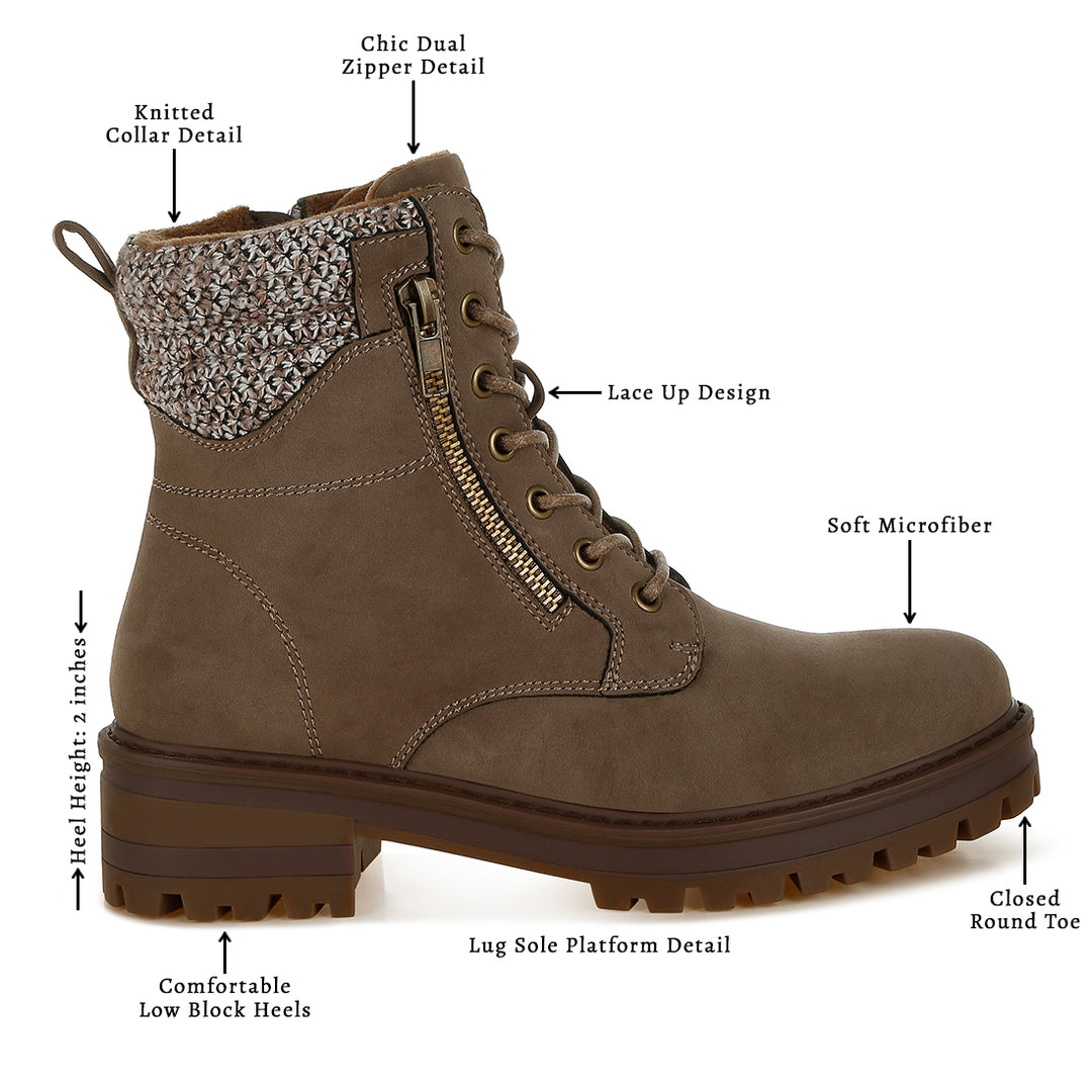 women knitted collar zip-up hiker boots#color_taupe