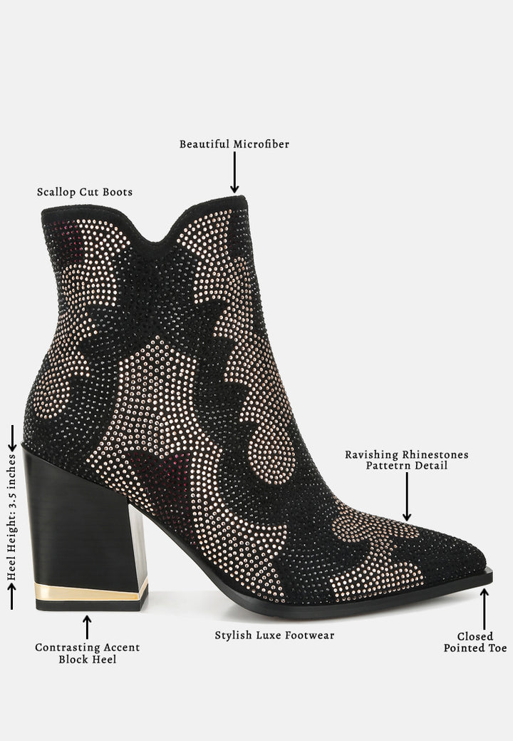 women rhinestones embellished block heel boots#color_black