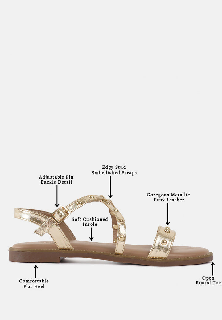 women metallic faux leather strappy flats#color_gold