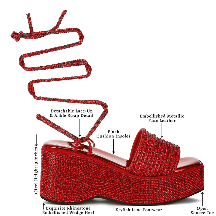 rhinestone embellished lace-up sandals#color_Red